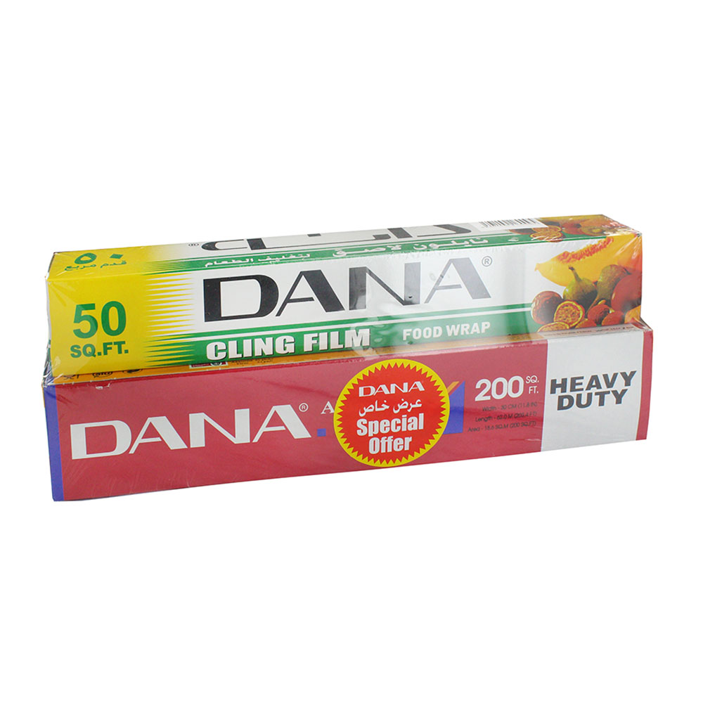 Dana Aluminium Foil Heavy Duty 200sqft and Cling Film Food Wrap 50sqft [Special Offer] - Available at Alosra Online Supermarket