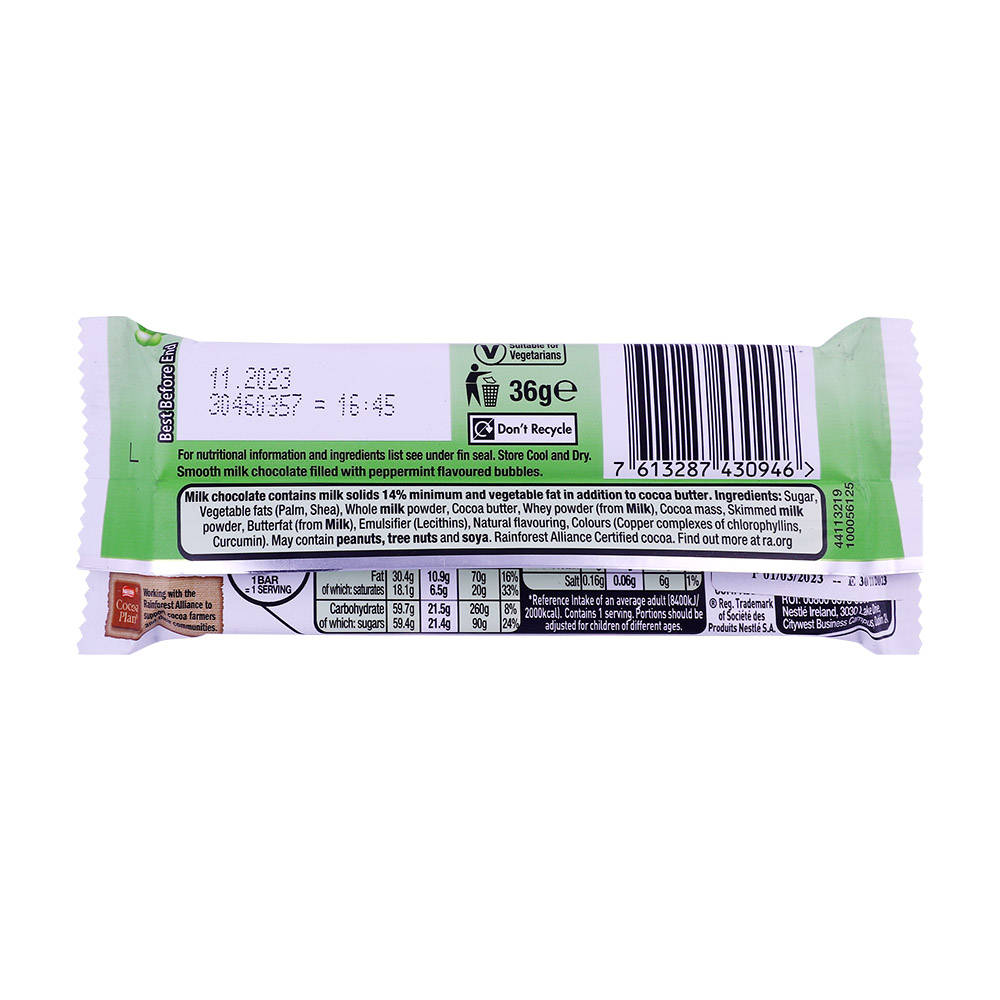 Nestle Aero Peppermint Chocolate Bar 36g back image