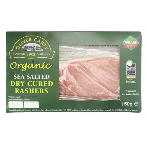 Oliver Carty Organic Sea Salted Dry Cured Rashers 150g [Contains Pork] - Available at Alosra Online Supermarket