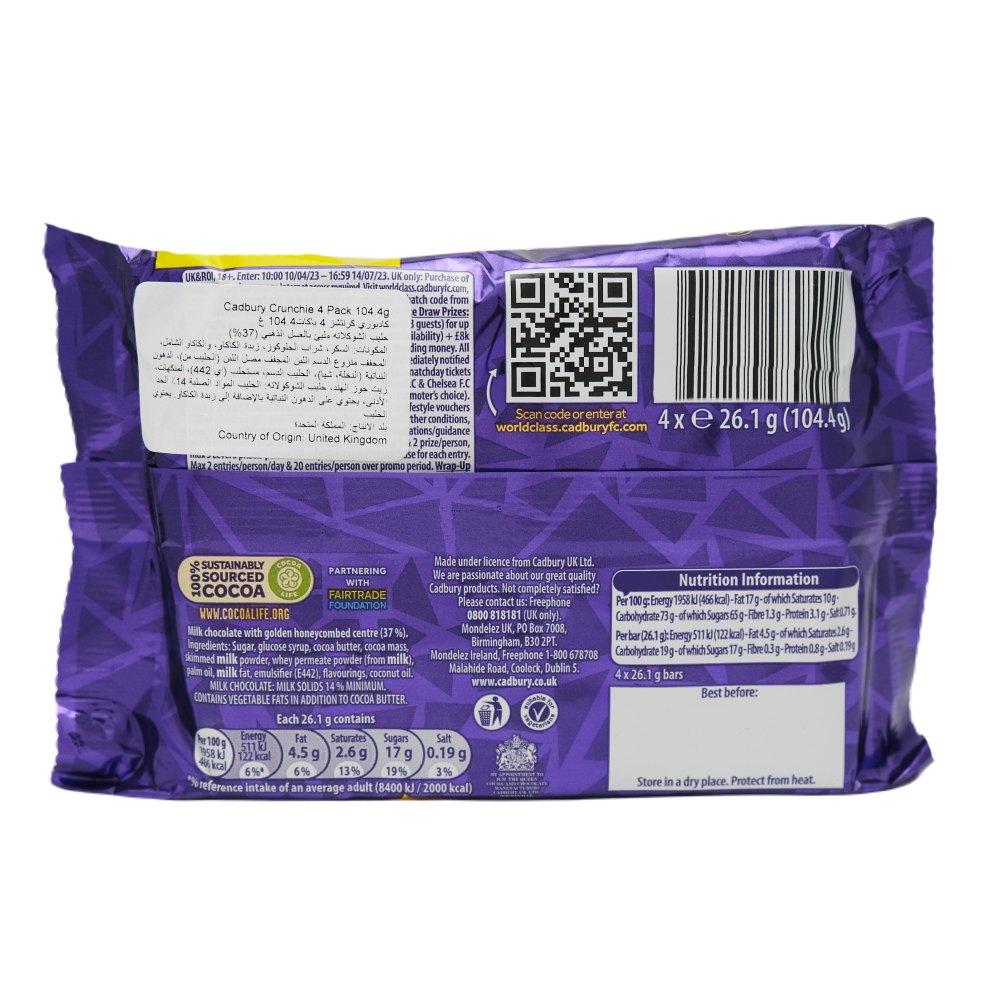 Cadbury Crunchie Chocolate Bars 4 Pack 100g back image