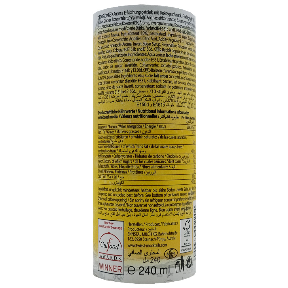 Twisst Pina Colada Non Alcoholic Drink 240ml back image