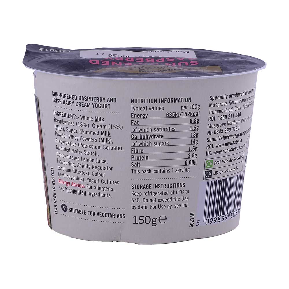 SuperValu Signature Tastes Sun Ripened Raspberry Yogurt 150g back image