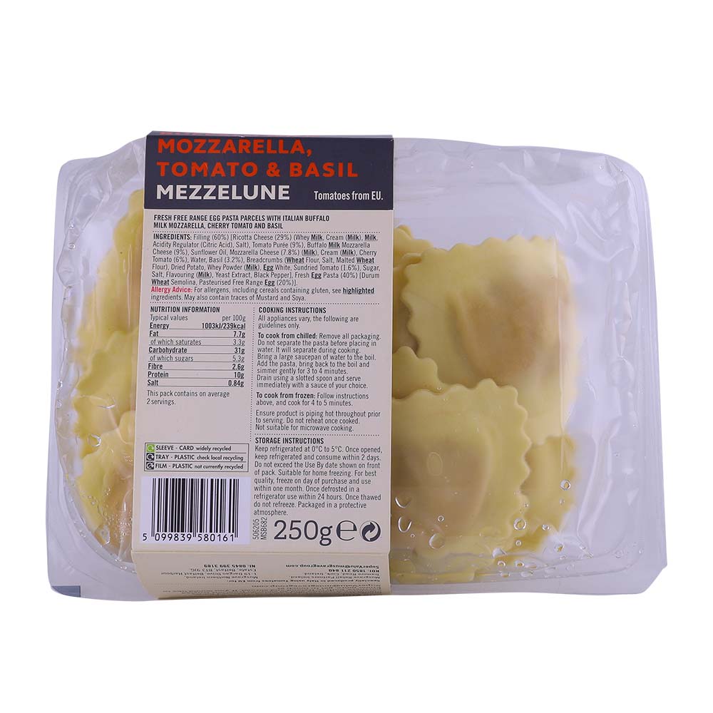 SuperValu Signature Tastes Buffalo Milk Mozzarella Tomato & Basil Mezzelune Ravioli 250g back image