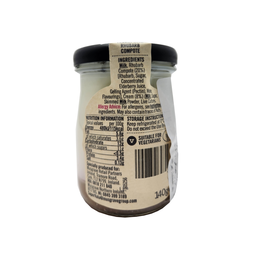 SuperValu Signature Tastes Rhubarb Yogurt Glass Jar 140g back image