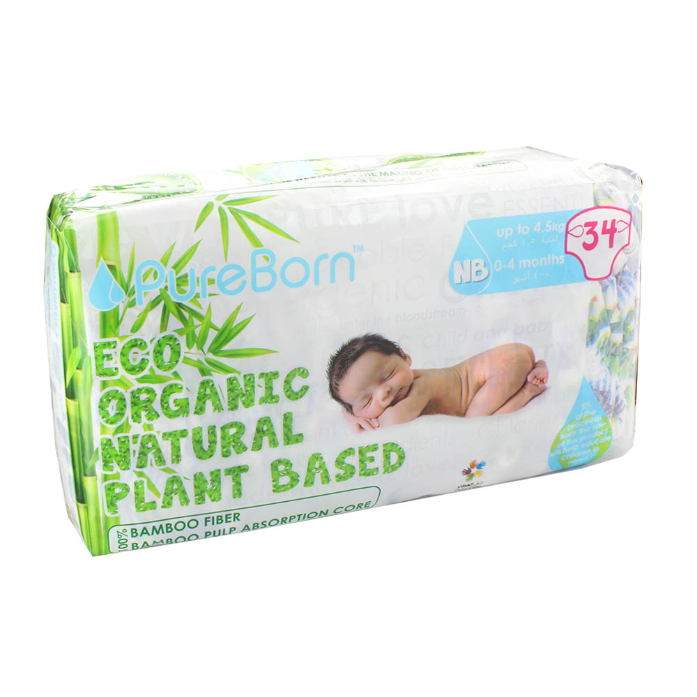 PureBorn Eco Organic Natural Plant Based Newborn Diapers 34's - Available at Alosra Online Supermarket