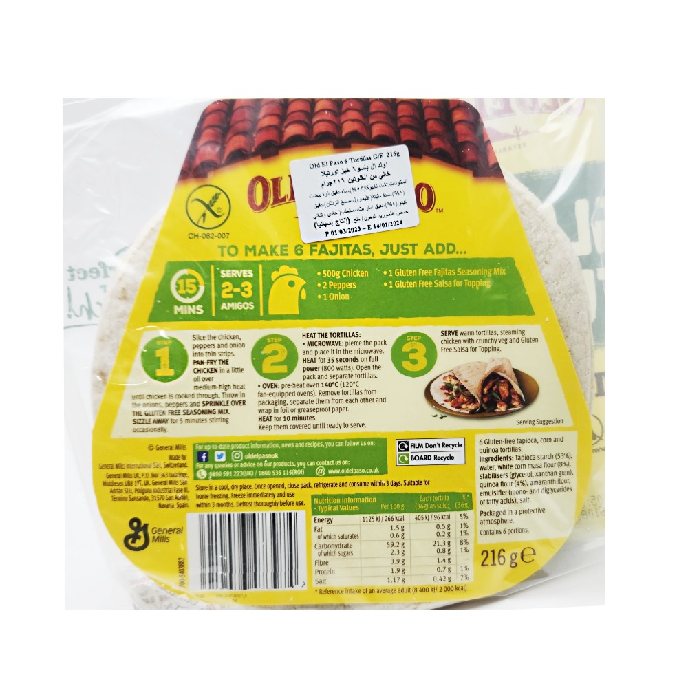 Old El Paso Gluten Free Tortillas 216g back image