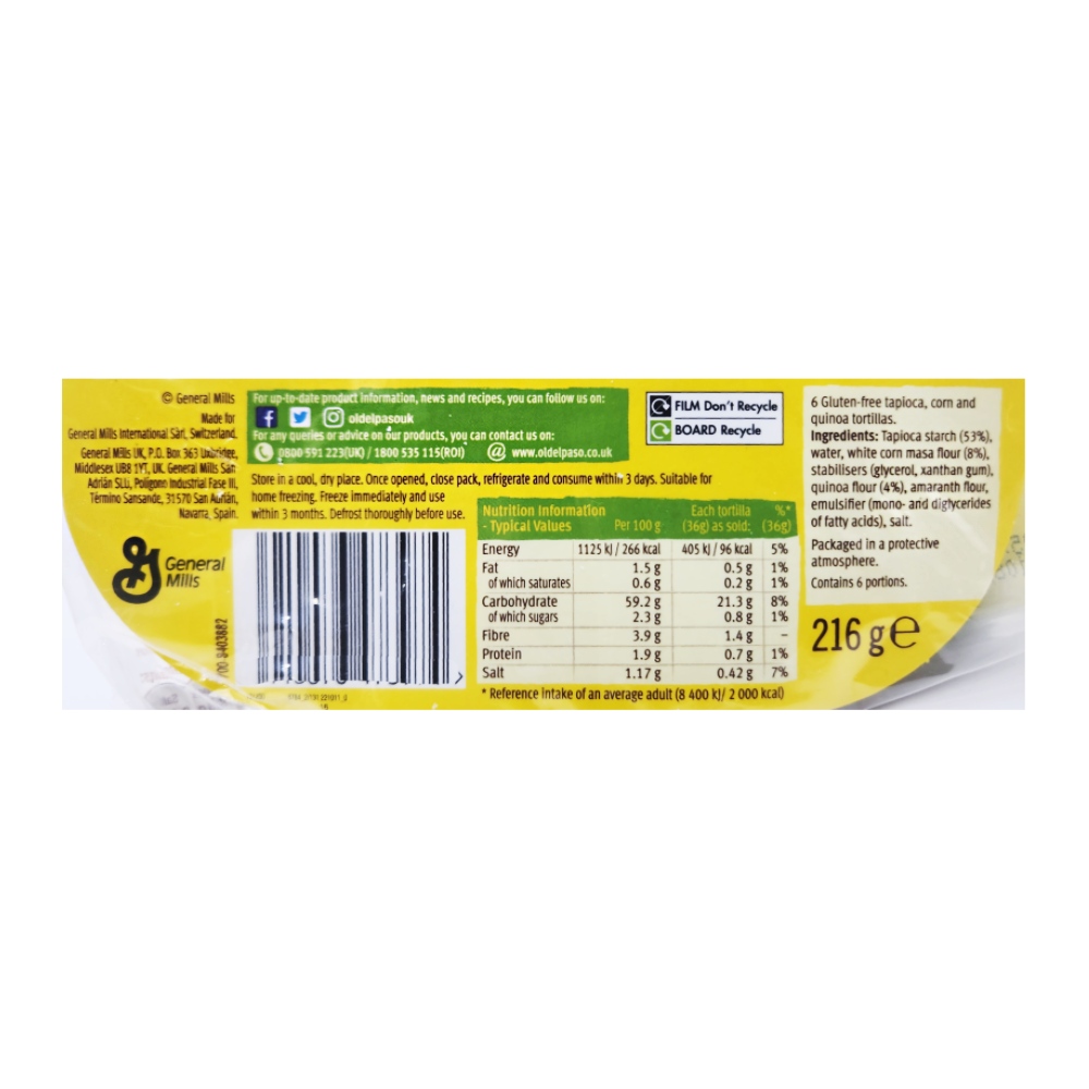 Old El Paso Gluten Free Tortillas 216g right side image
