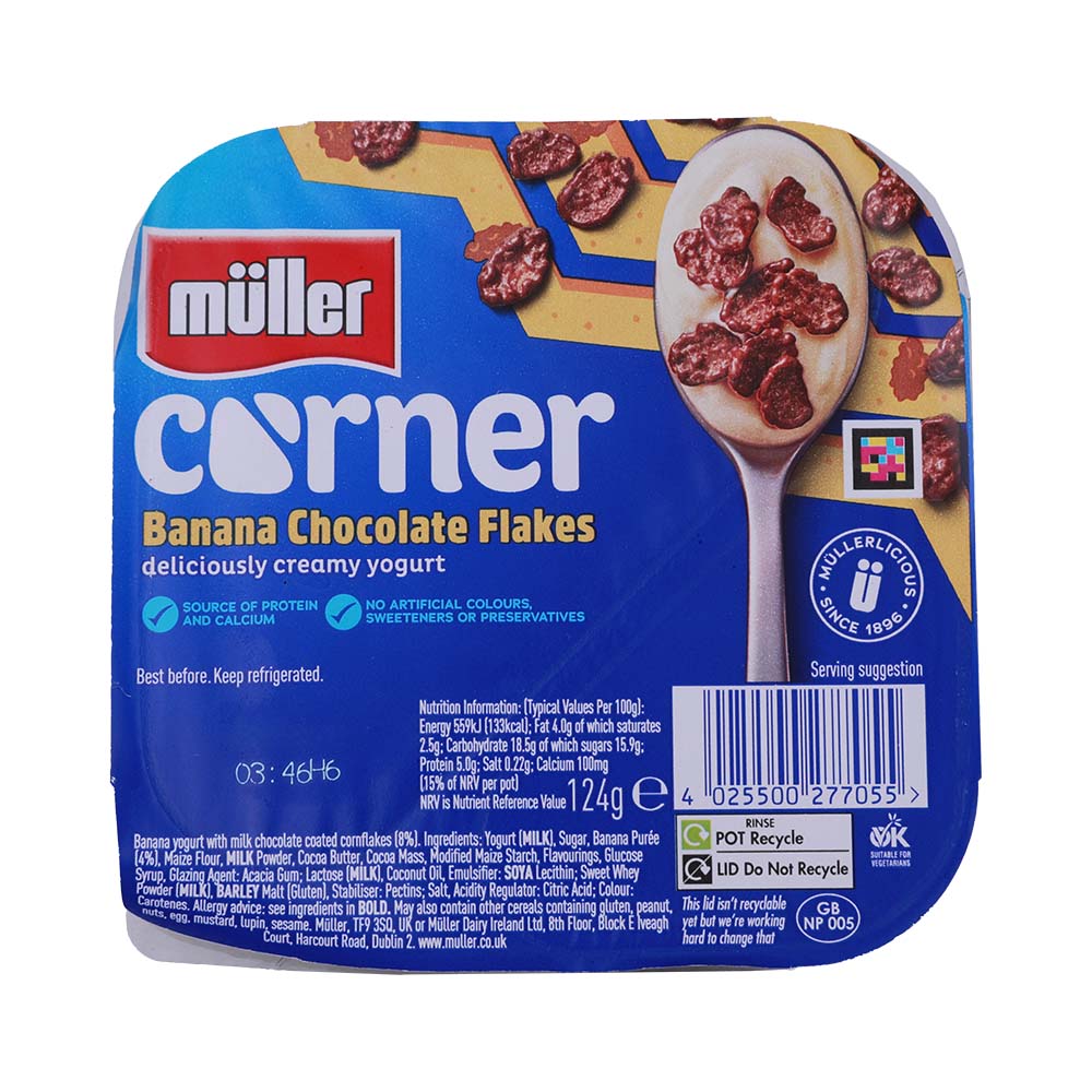 Muller Corner Banana Chocolate Flakes Yogurt 124g - Available at Alosra Online Supermarket