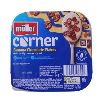 Muller Corner Banana Chocolate Flakes Yogurt 124g - Available at Alosra Online Supermarket