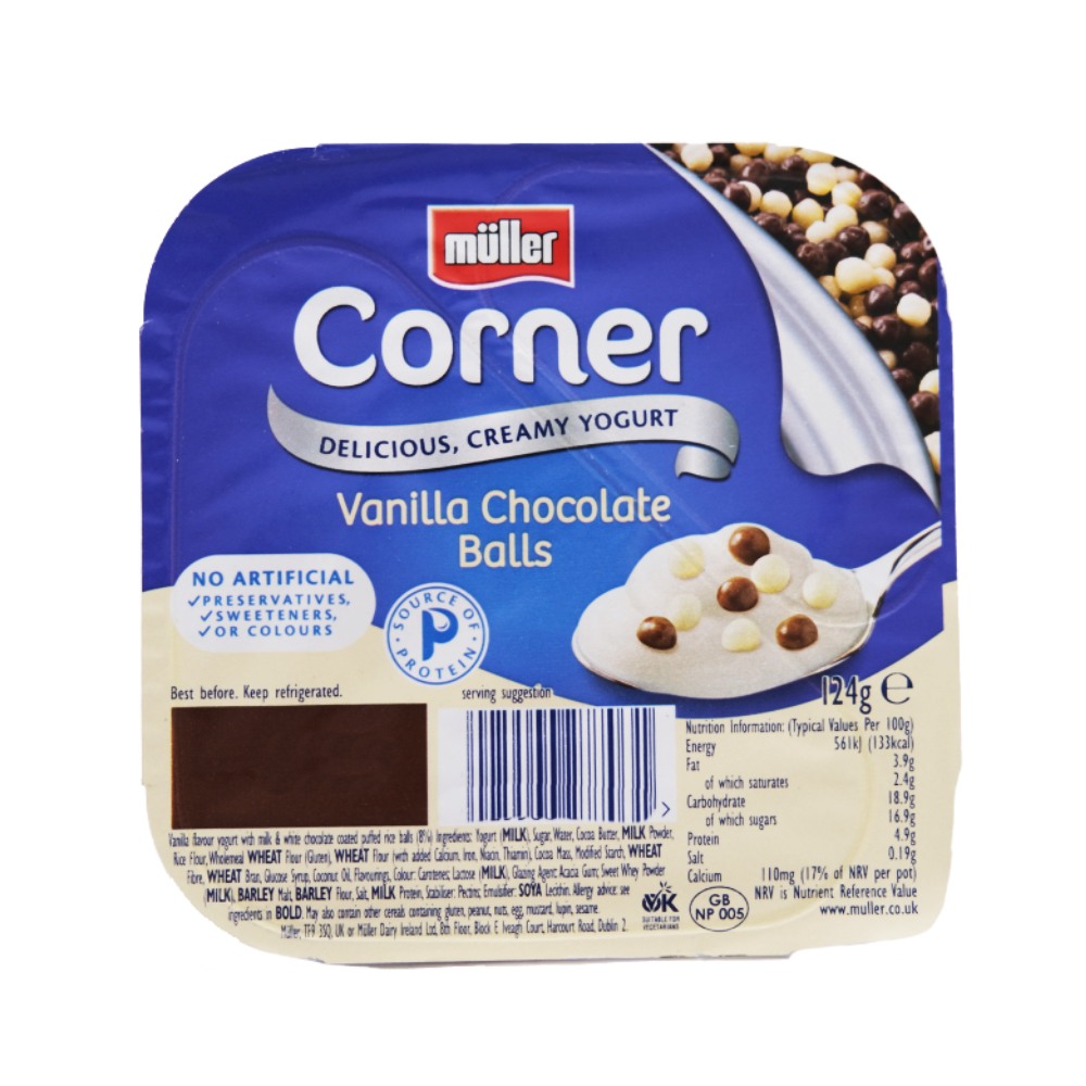 Muller Corner Vanilla Chocolate Balls Yogurt 124g - Available at Alosra Online Supermarket