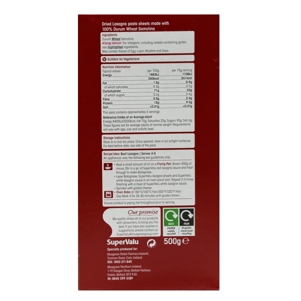 SuperValu Lasagne Sheets Pasta 500g back image