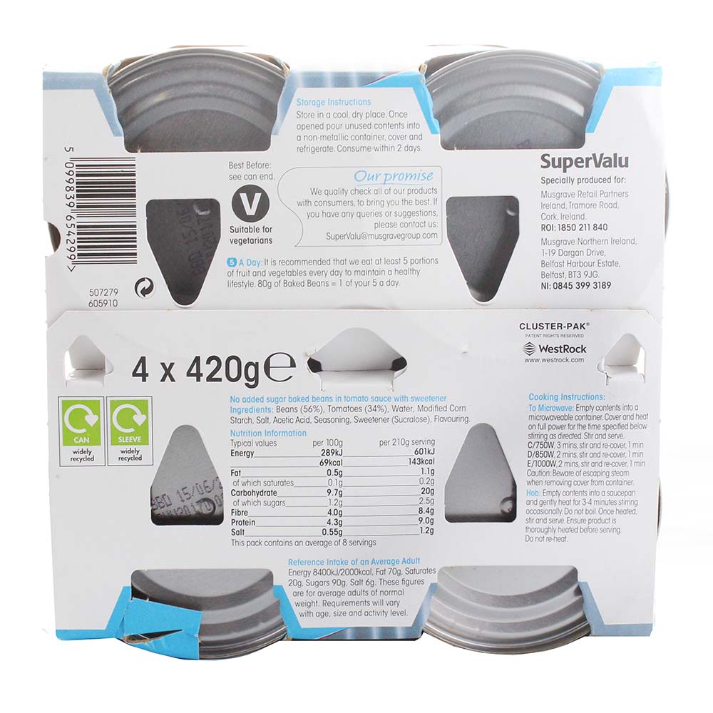 SuperValu No Added Sugar Baked Beans 420g [4 Pack]- Product ingredients image