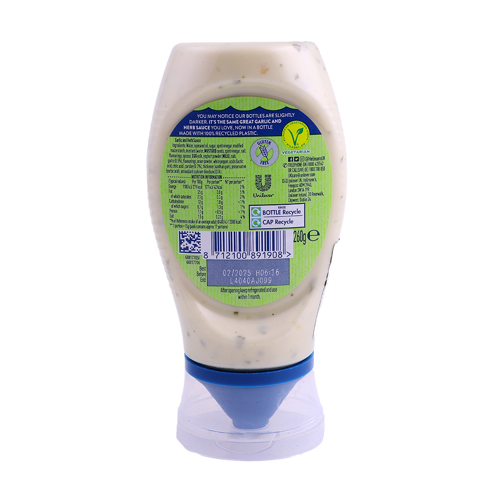 Hellmanns Garlic & Herb Sauce Jar 260g back image