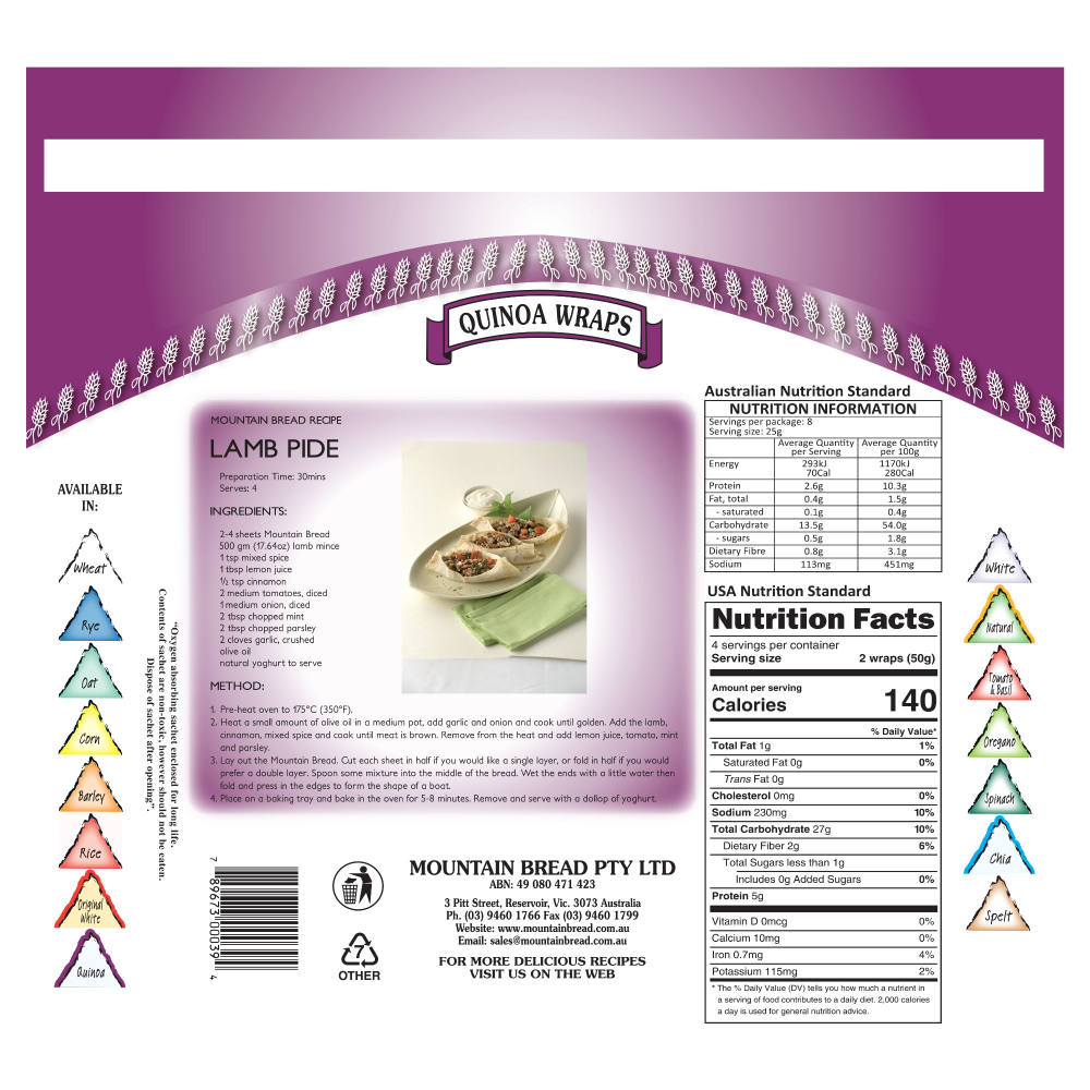 Mountain Bread Quinoa Wraps 200g back image