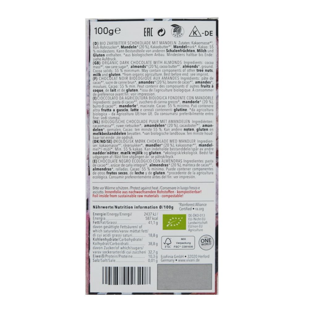 Vivani Dark Almonds Chocolate 100g back image