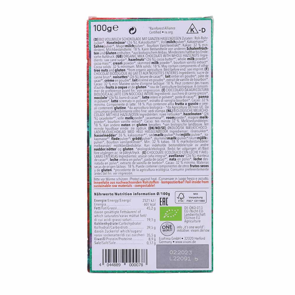 Vivani Milk Whole Hazelnuts Chocolate 100g back image
