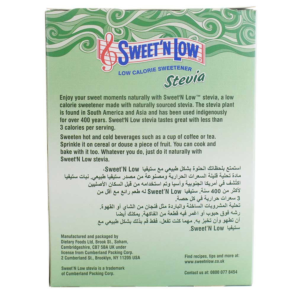 Sweet N Low Stevia Sweetener 100 Sachets 80g back image