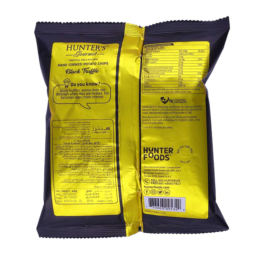 Hunter Gourmet Hand Cooked Black Truffle Potato Chips 40g back image