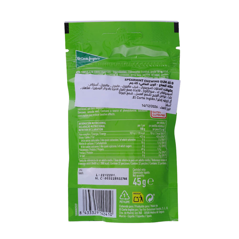 El Corte Ingles Spearmint Sugar Free Chewing Gum 45g back image