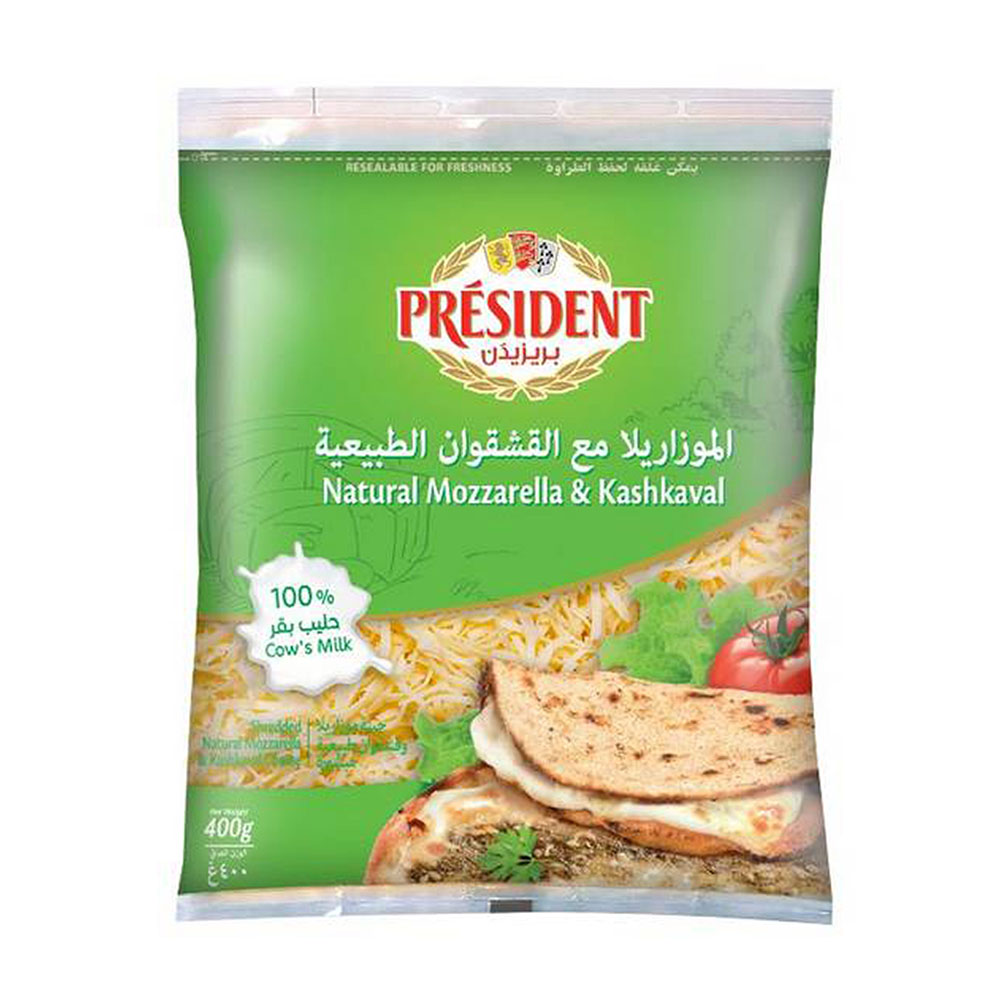 President Natural Mozzarella & Kashkaval Shredded Cheese 400g - Available at Alosra Online Supermarket