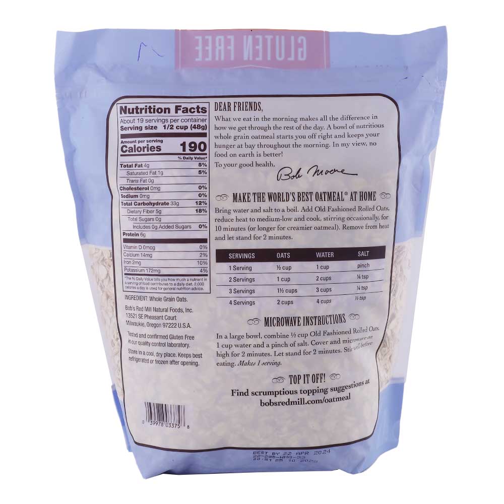Bob's Red Mill Gluten Free Old Fashioned Whole Grain Rolled Oats 907g back image