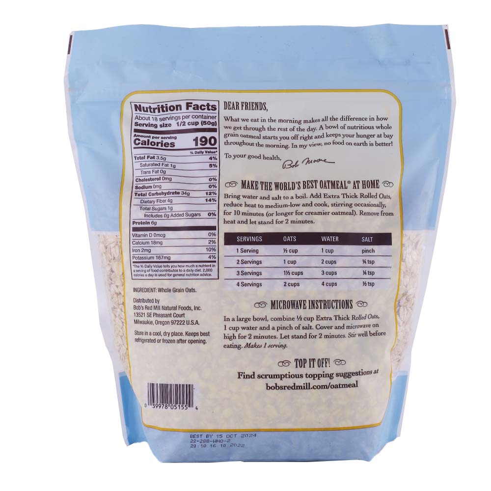 Bob's Red Mill Extra Thick Whole Grain Rolled Oats 907g back image