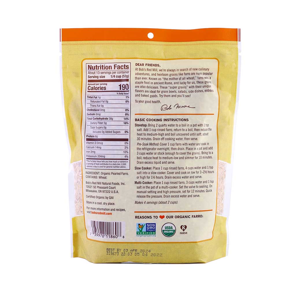 Bobs Red Mill Organic Farro 680g back image