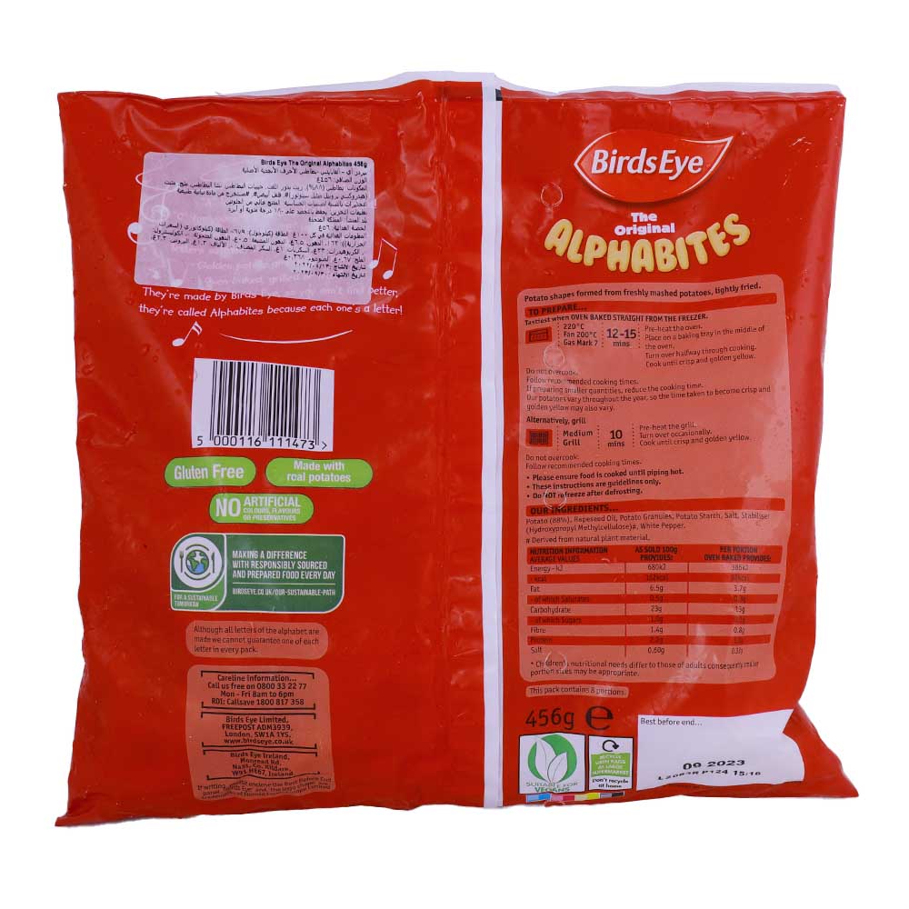 Birds Eye The Original Alphabites Potato Shapes 456g back image