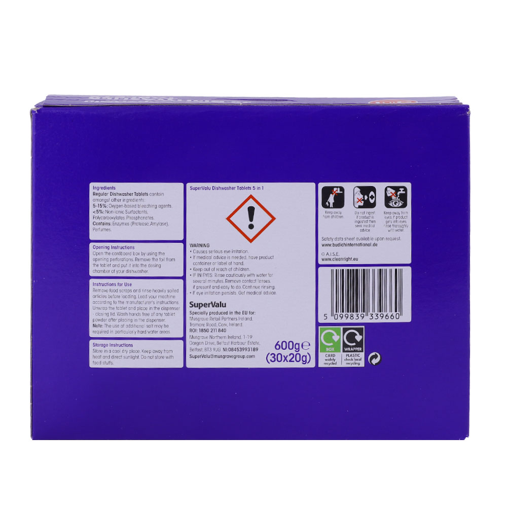 SuperValu 5in1 Dishwasher Tablets Regular 30 600g back image