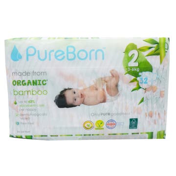 PureBorn Organic Bamboo Nappies Size 2 [32 Pieces] 
