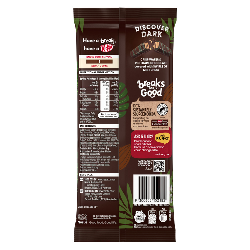 Nestle Kit Kat Dark Chocolate with Tasmanian Mint 170g back image