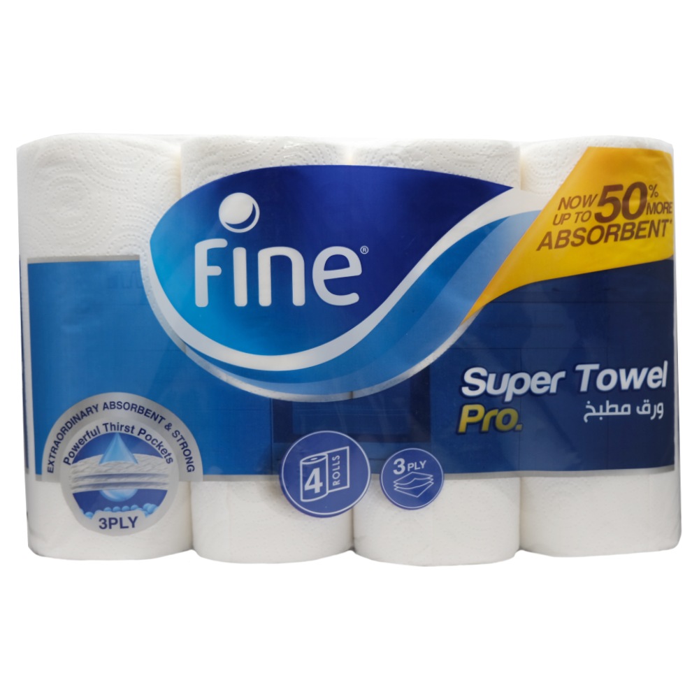 Fine Super Towel Pro 3 Ply Paper Towels 60 Sheets x 4 Rolls