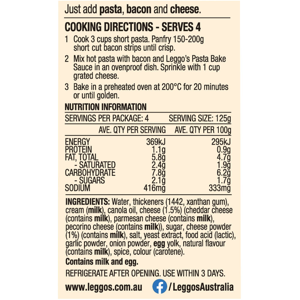 Leggos Pasta Bake with Three Cheese Sauce 500g back image