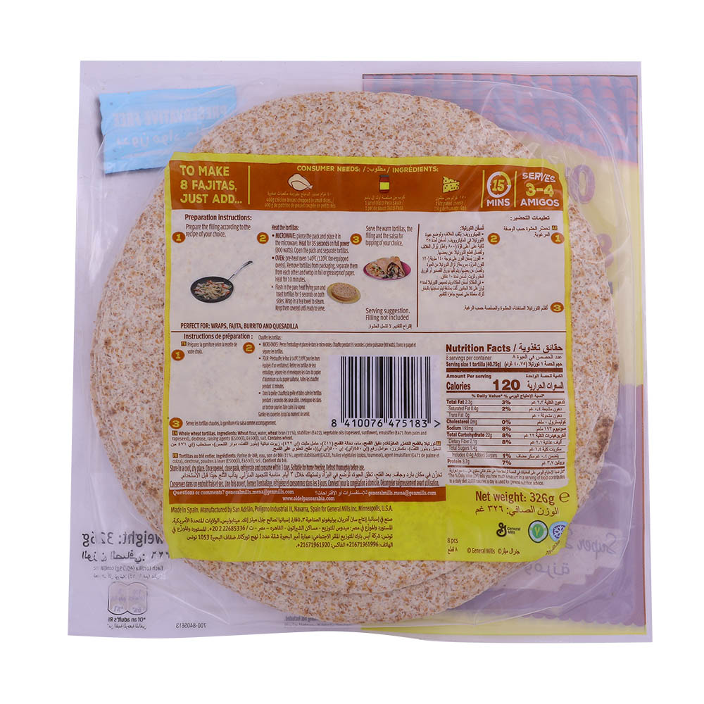 Old El Paso Regular Wholewheat Tortillas 8 Pieces 326g back image