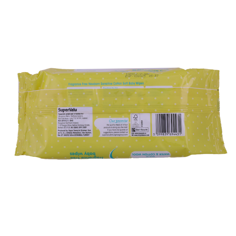 SuperValu Newborn Sensitive Fragrance-Free Baby Wipes 56 Sheets back image