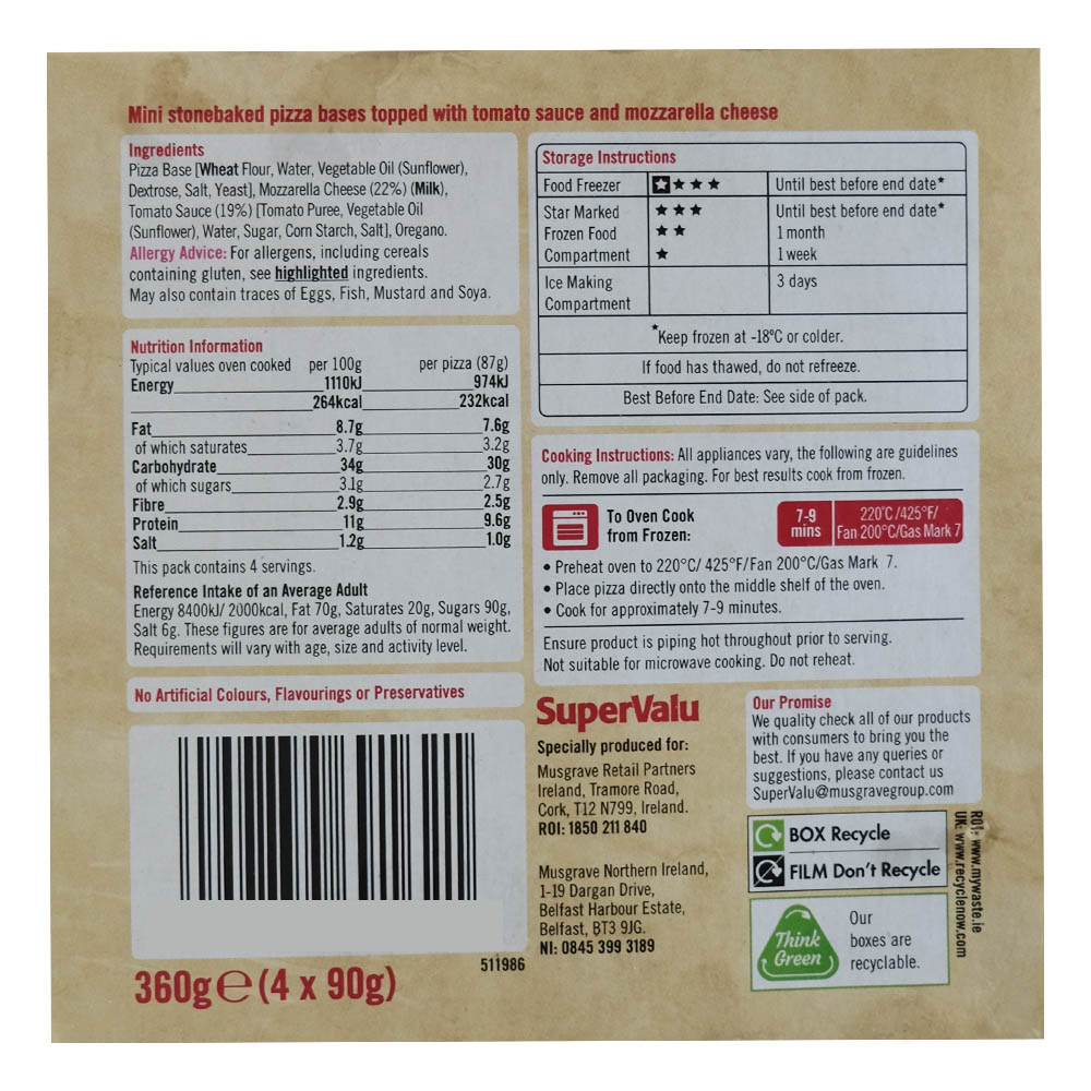 Supervalu Stonebaked Cheese & Tomato Mini Pizza 360g left side image