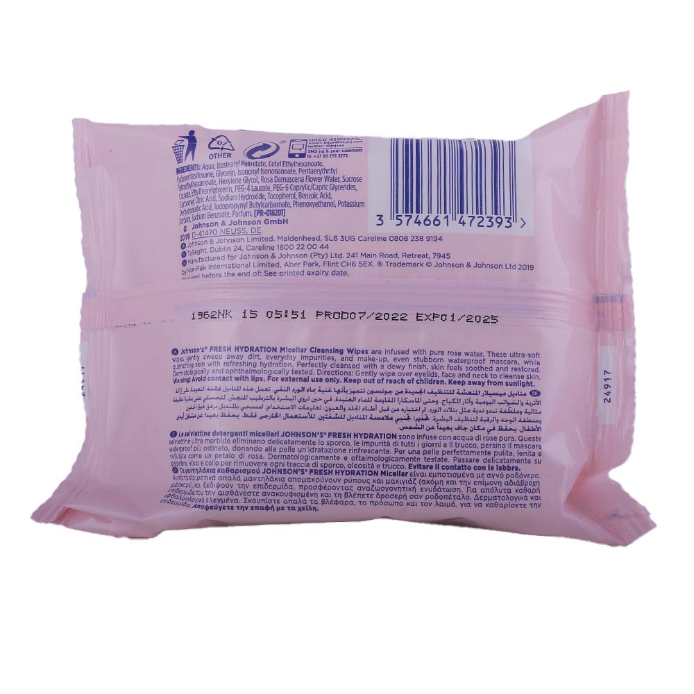 Johnson's Fresh Hydration Micellar Cleansing Wipes [25 Pieces] back image
