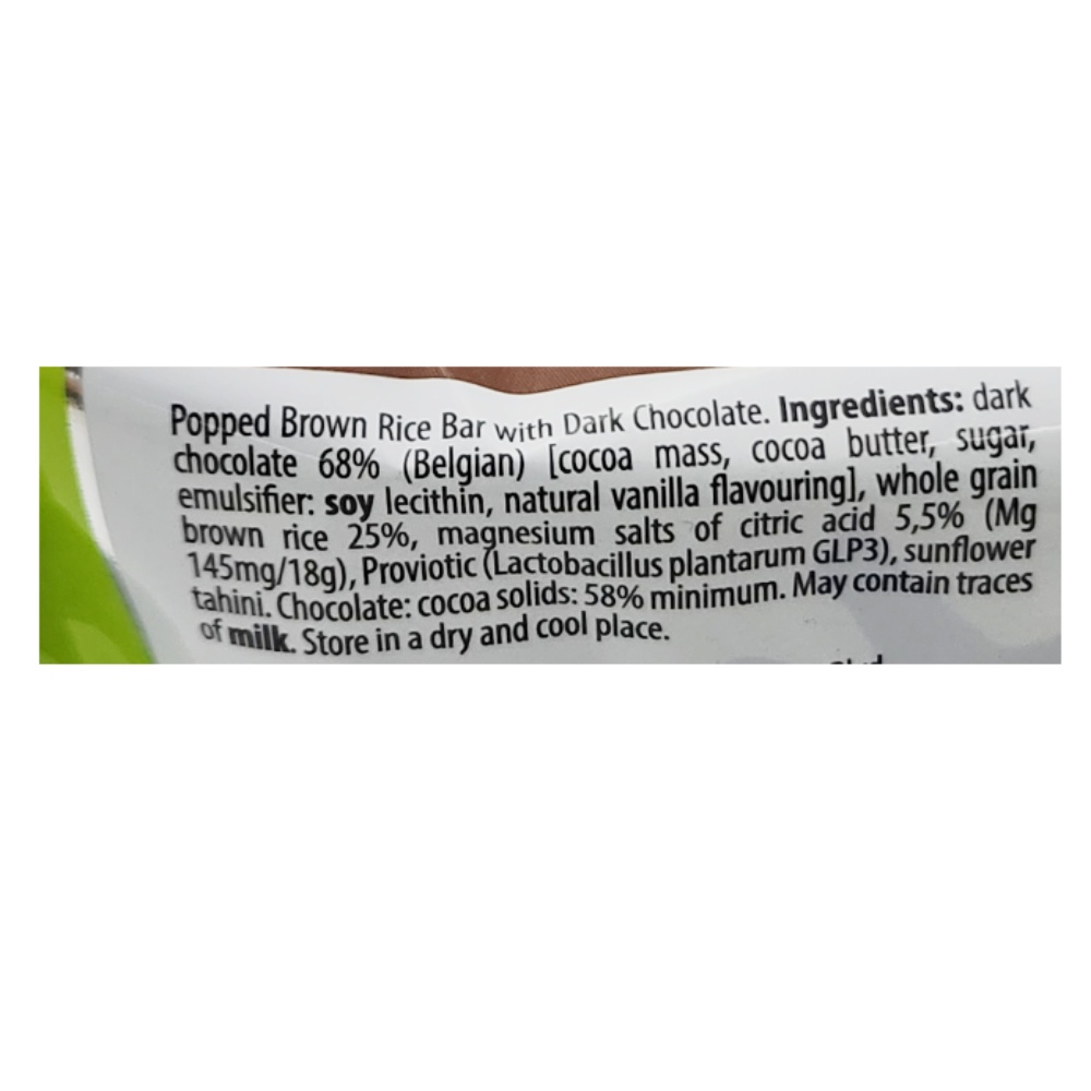 Rice Up Dark Chocolate Brown Rice Bar 18g back image