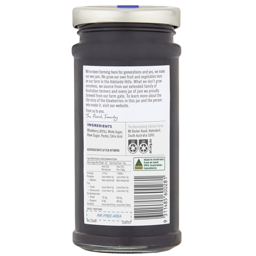 Beerenberg Australian Blueberry Jam 300g back image