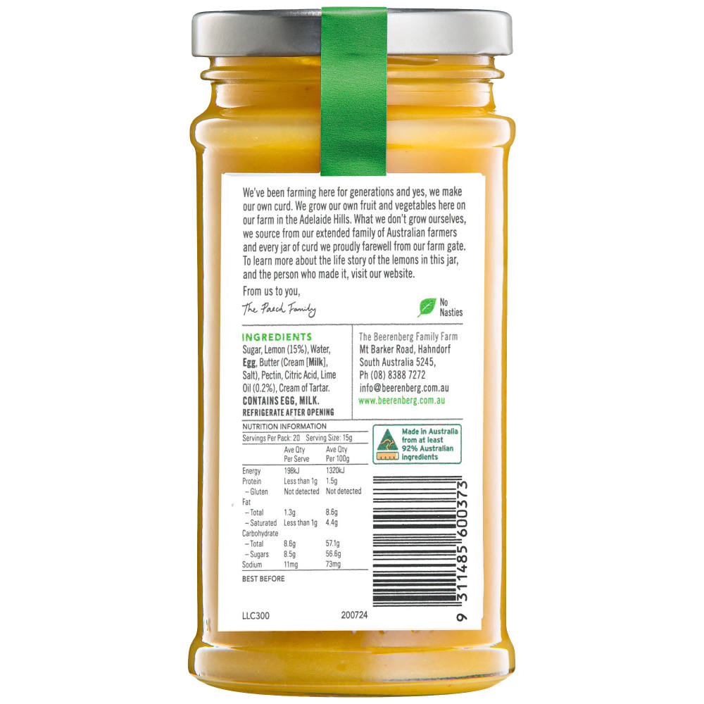 Beerenberg Lemon & Lime Curd Spread 300g back image