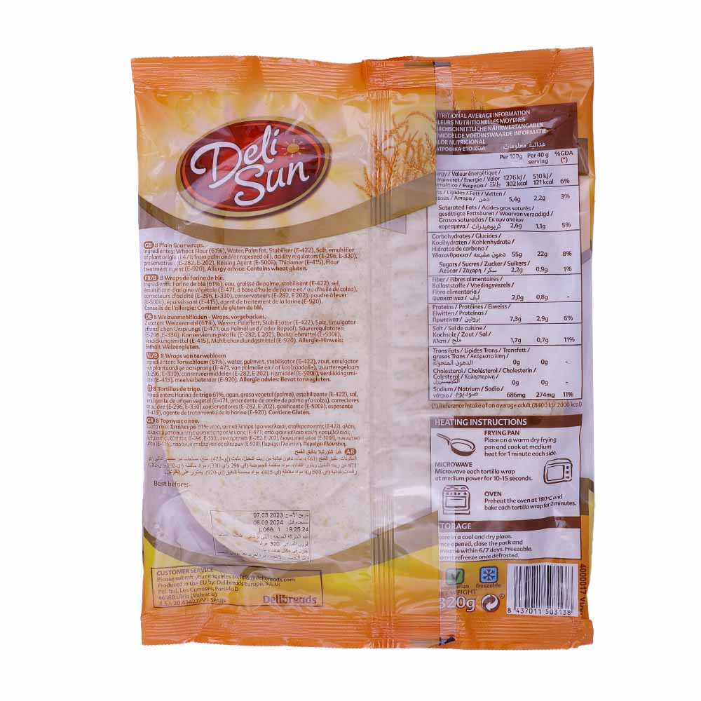 Deli Sun 8 Plain Flour Wraps Medium 320g back image