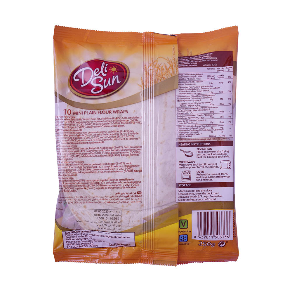 Deli Sun 10 Plain Flour Wraps Mini 250g back image