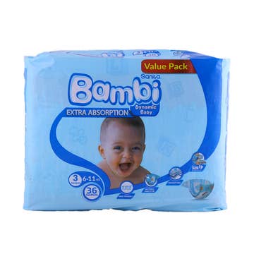 Sanita Bambi Extra Absorption Medium Size 3 Diapers [36 Pack] [Value Pack] 