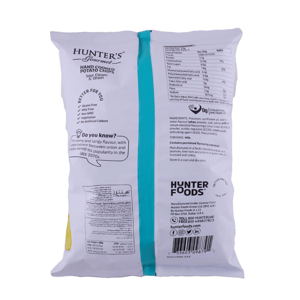 Hunters Gourmet Sour Cream & Onion Potato Chips 125g back image