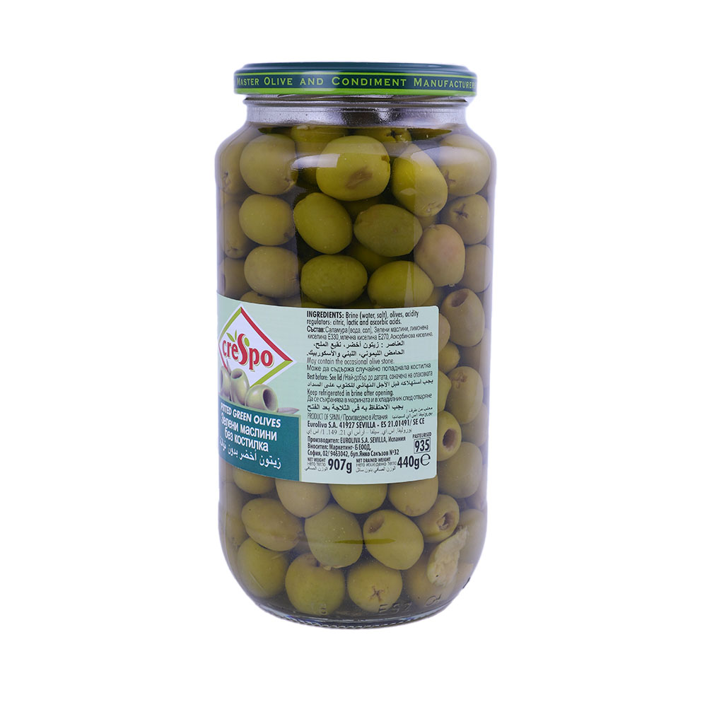 Crespo Pitted Green Olives Jar 907g back image