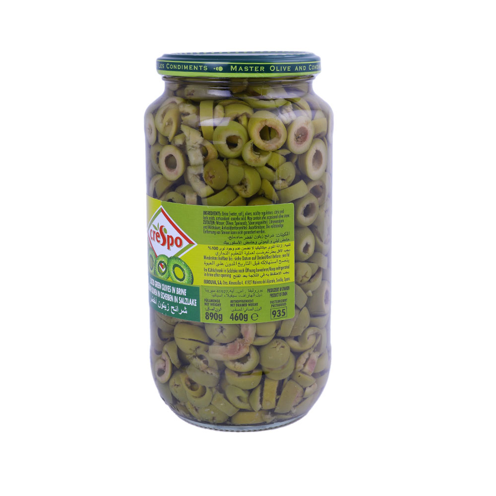 Crespo Sliced Green Olives Jar 890g back image