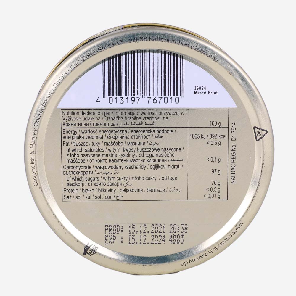 Cavendish & Harvey Mixed Fruit Drops Tins 200g back image
