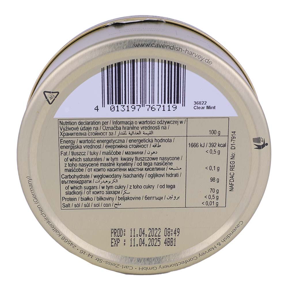 Cavendish & Harvey Clear Mint Drops Tins 200g back image