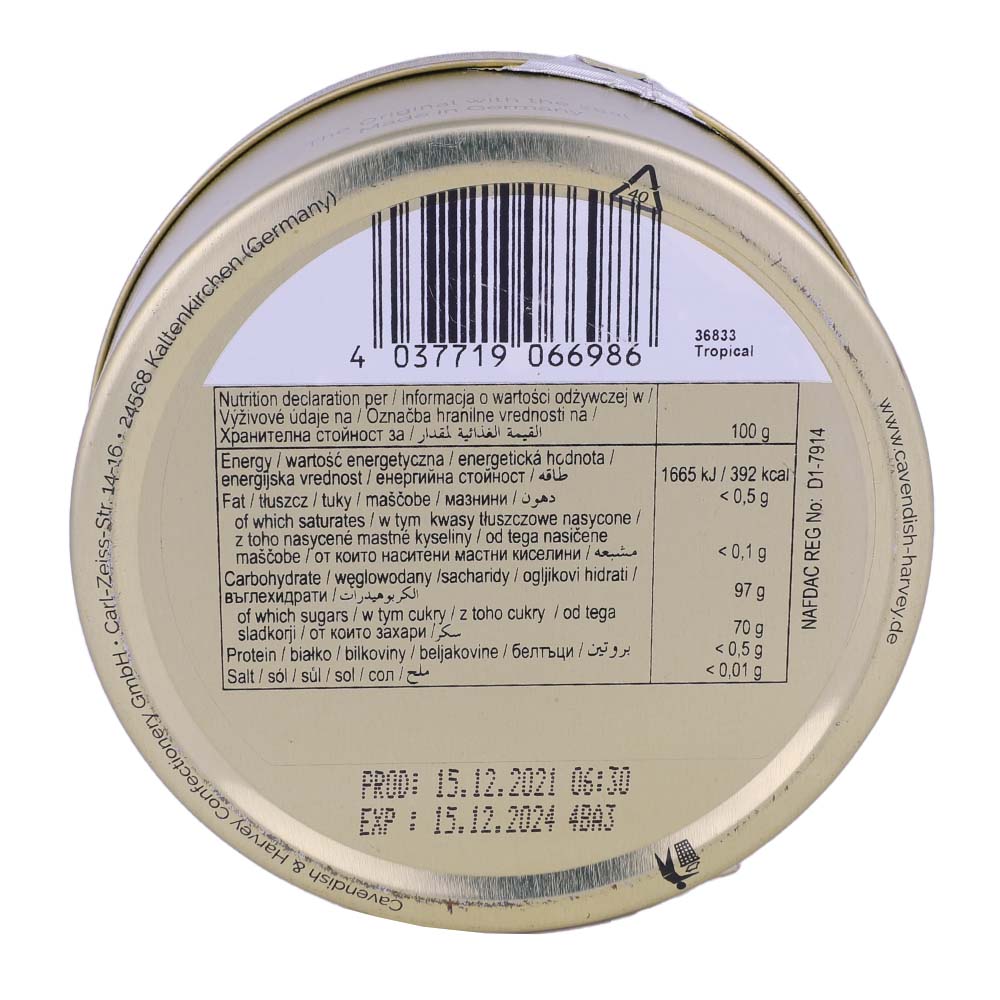 Cavendish & Harvey Tropical Fruit Drops Tin 200g back image