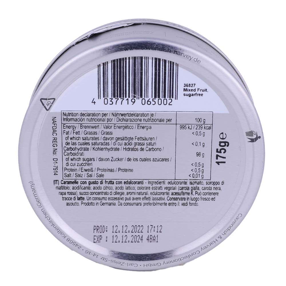 Cavendish & Harvey Sugar Free Mixed Fruit Drops Tins 175g back image